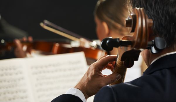 behind the back shot of a cellist