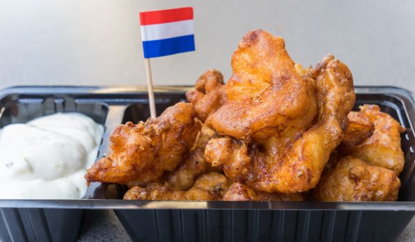 A tray of the Dutch Snack Kibbeling 