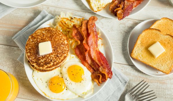 a top down view of an american breakfast