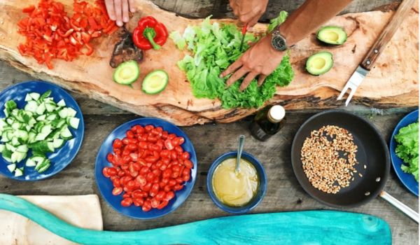 a flatlay of fresh vegetable ingredients