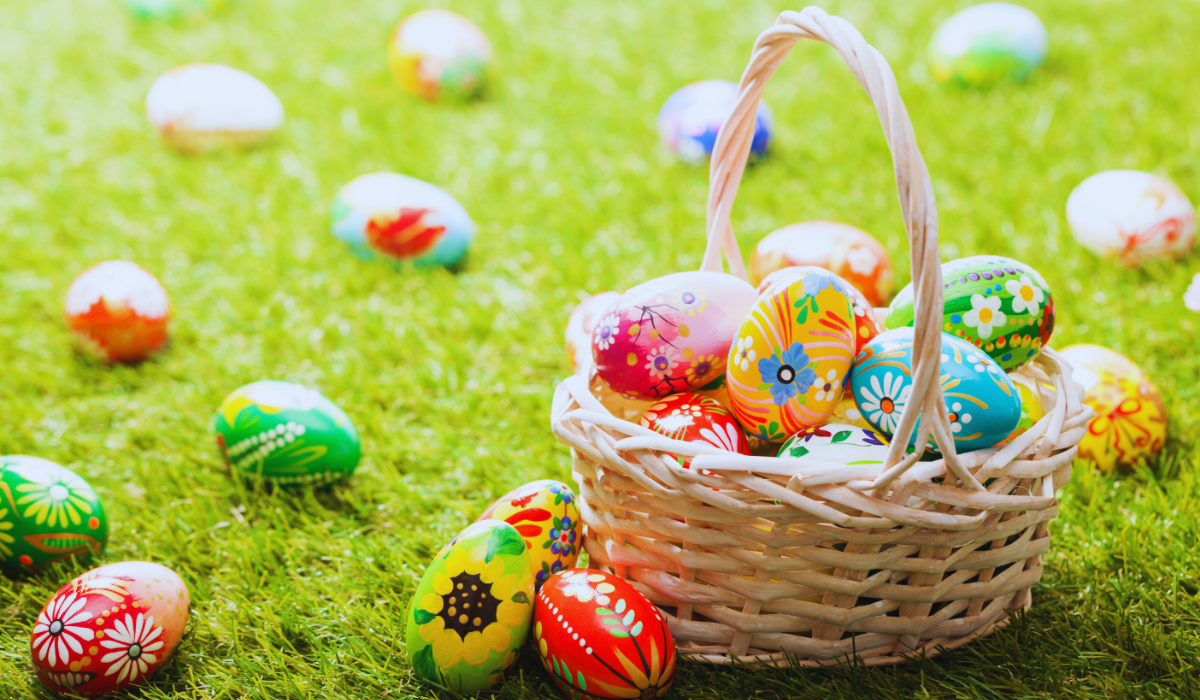 a basket of colorful easter eggs