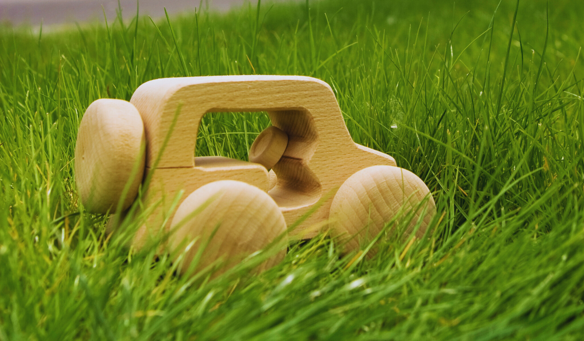 a wooden toy car sitting in the grass