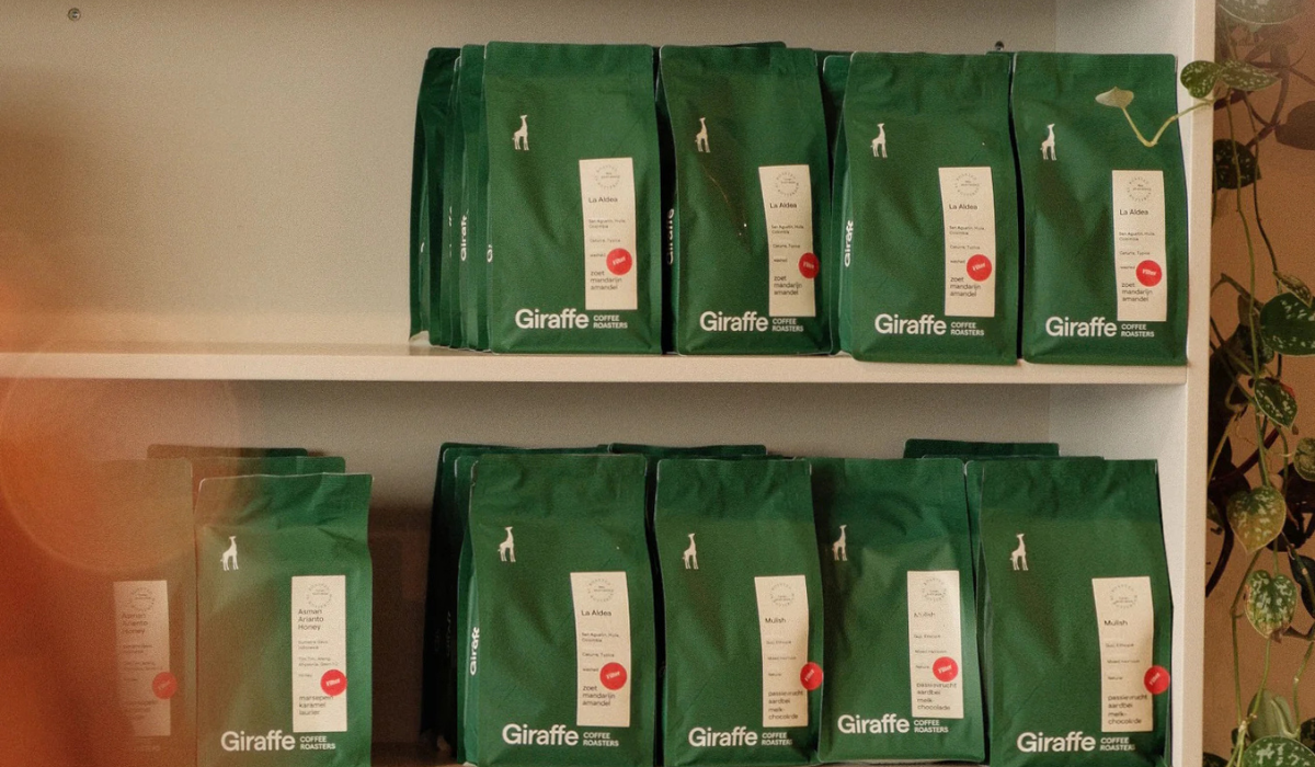 Green Bags of Giraffe Coffee in Rotterdam