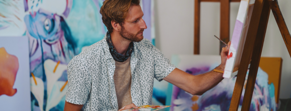 A Dutch Artist painting on a canvas holding a color palette