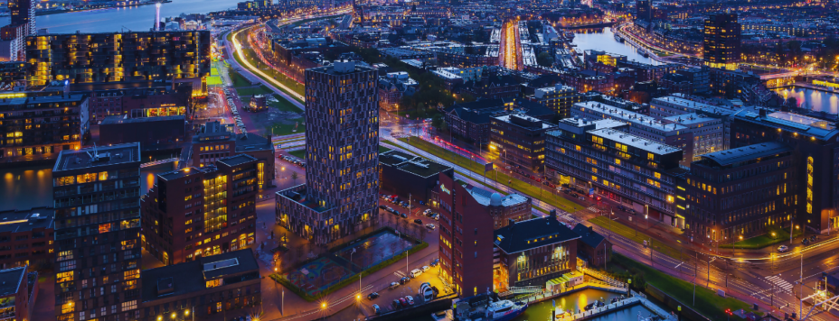 An aerical view of rotterdam at night