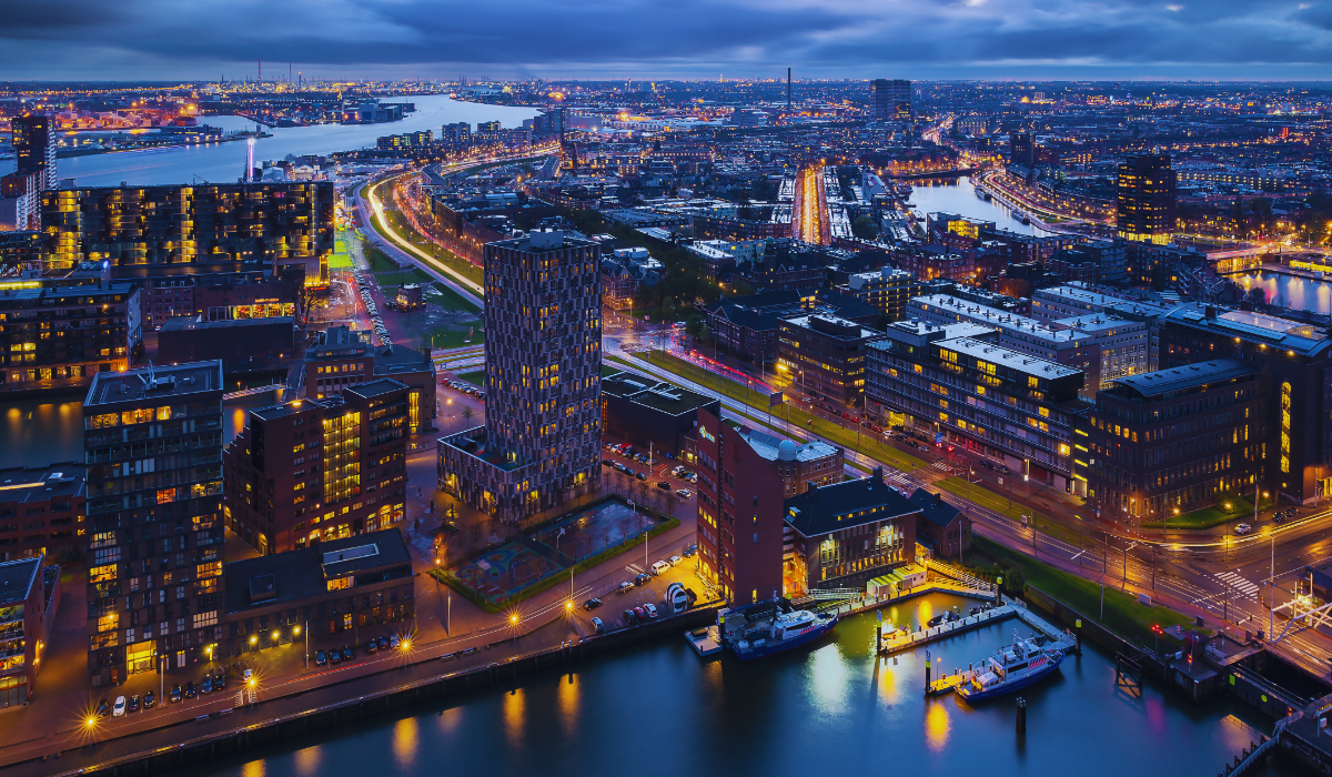 An aerical view of rotterdam at night