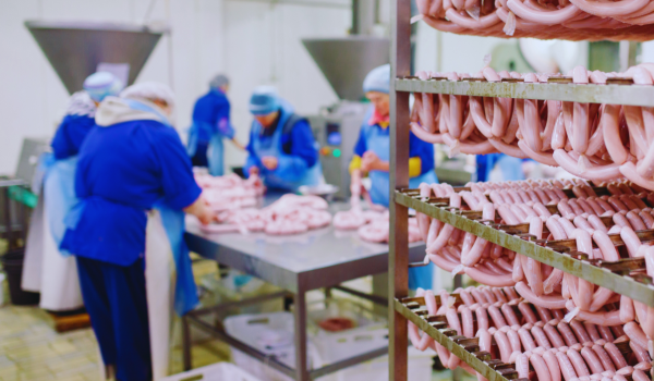 Butrchers procssing sausage at the meat factory
