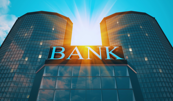 a large bank at sunset